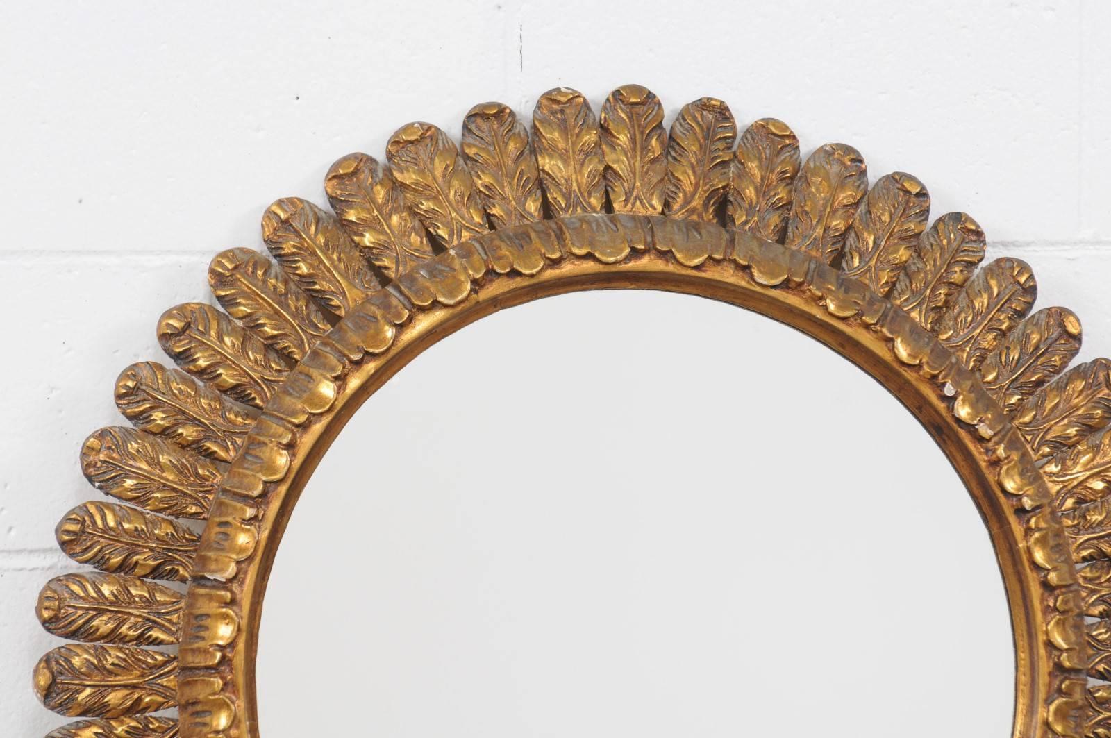 20th Century French Vintage Giltwood Sunburst Mirror with Waterleaves from the Midcentury