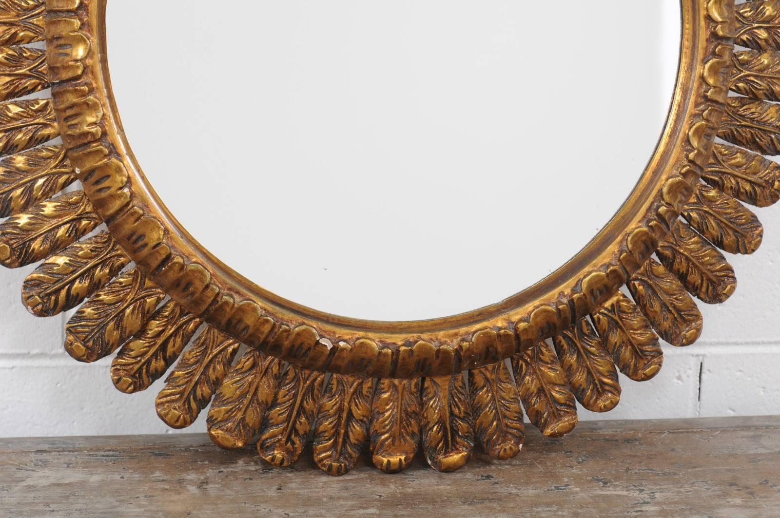French Vintage Giltwood Sunburst Mirror with Waterleaves from the Midcentury In Good Condition In Atlanta, GA