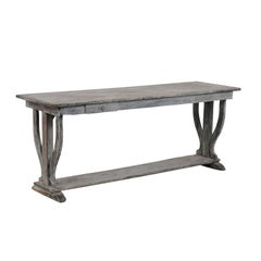 French 1880s Drapers Table with Distressed Grey Painted Finish and Trestle Base