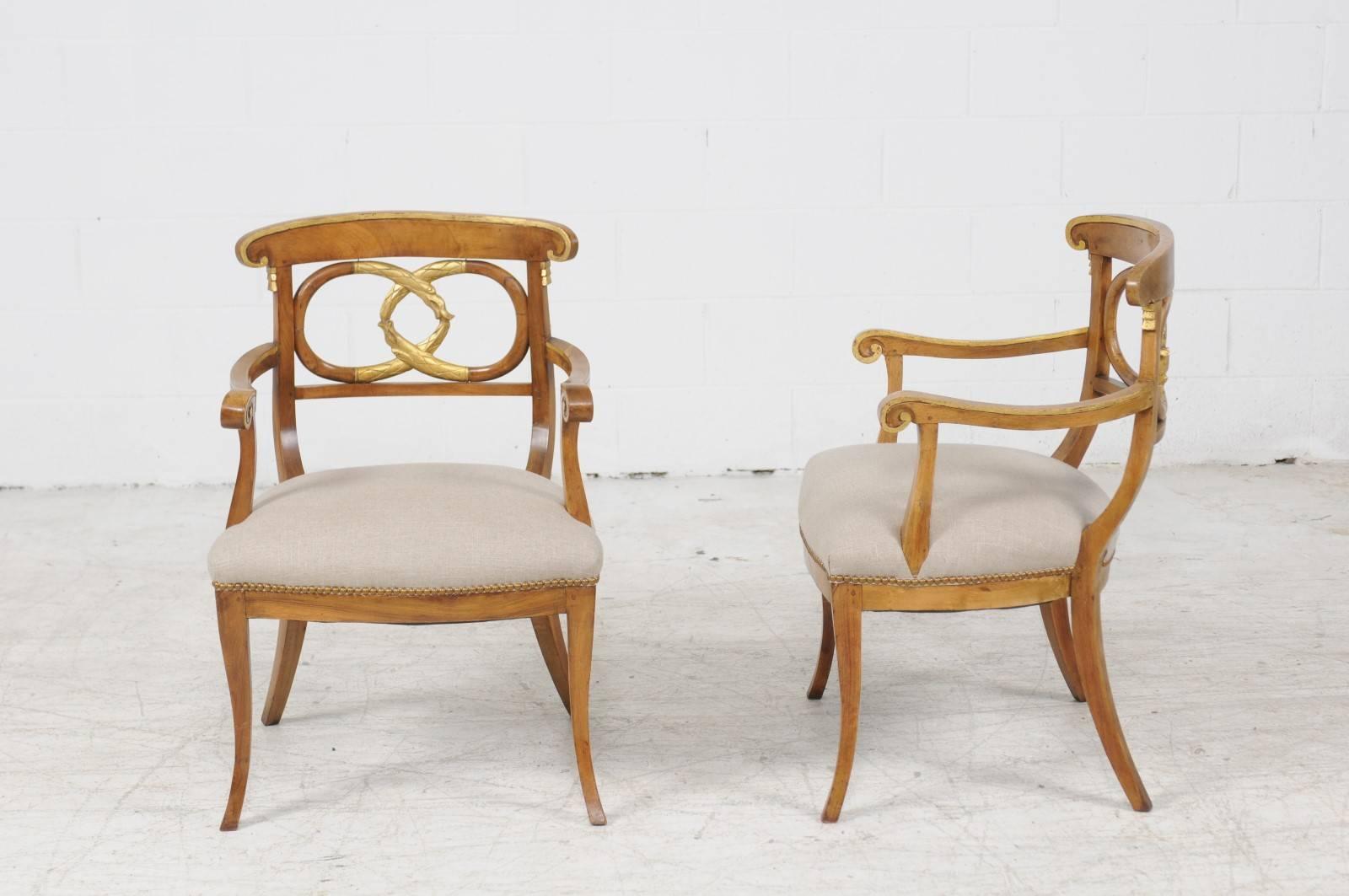 Pair of Italian 1860s Parcel-Gilt Walnut Upholstered Chairs with Serpent Motifs In Good Condition In Atlanta, GA