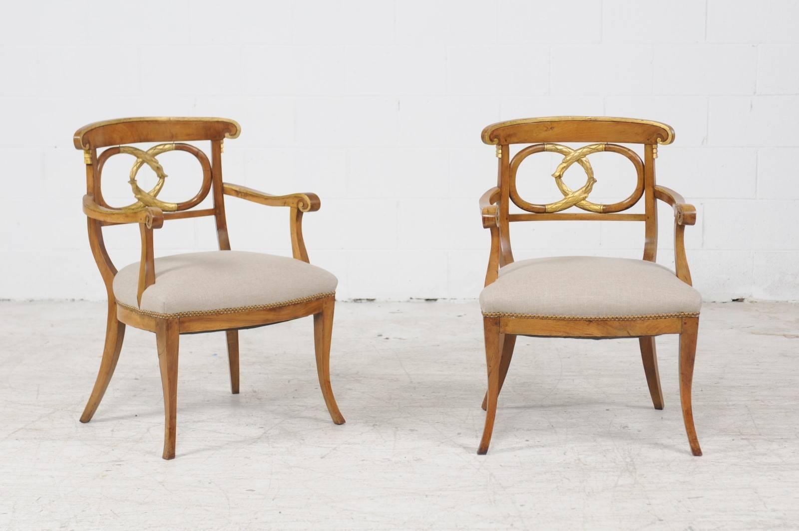 Pair of Italian 1860s Parcel-Gilt Walnut Upholstered Chairs with Serpent Motifs 1