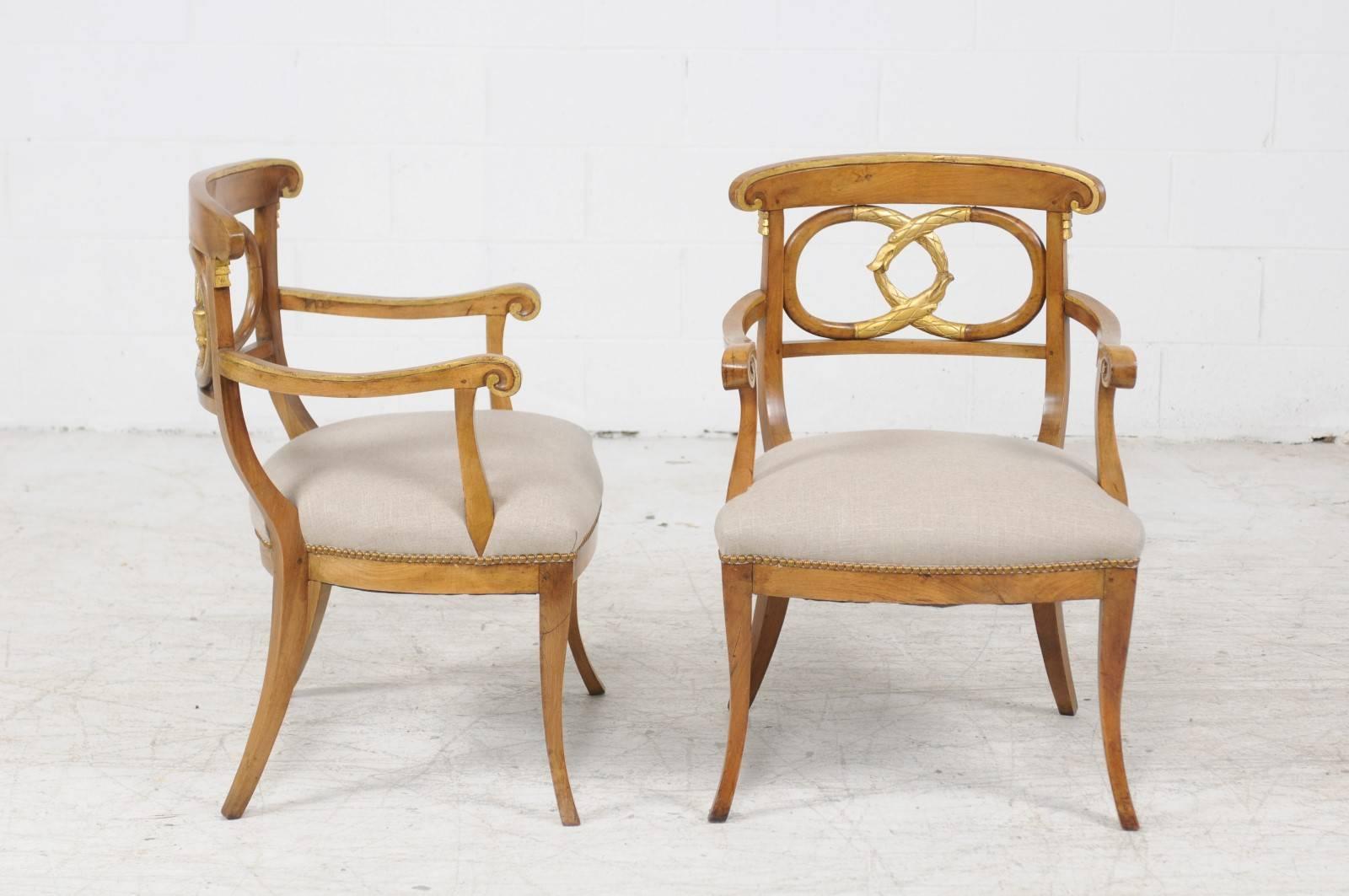 Pair of Italian 1860s Parcel-Gilt Walnut Upholstered Chairs with Serpent Motifs 4