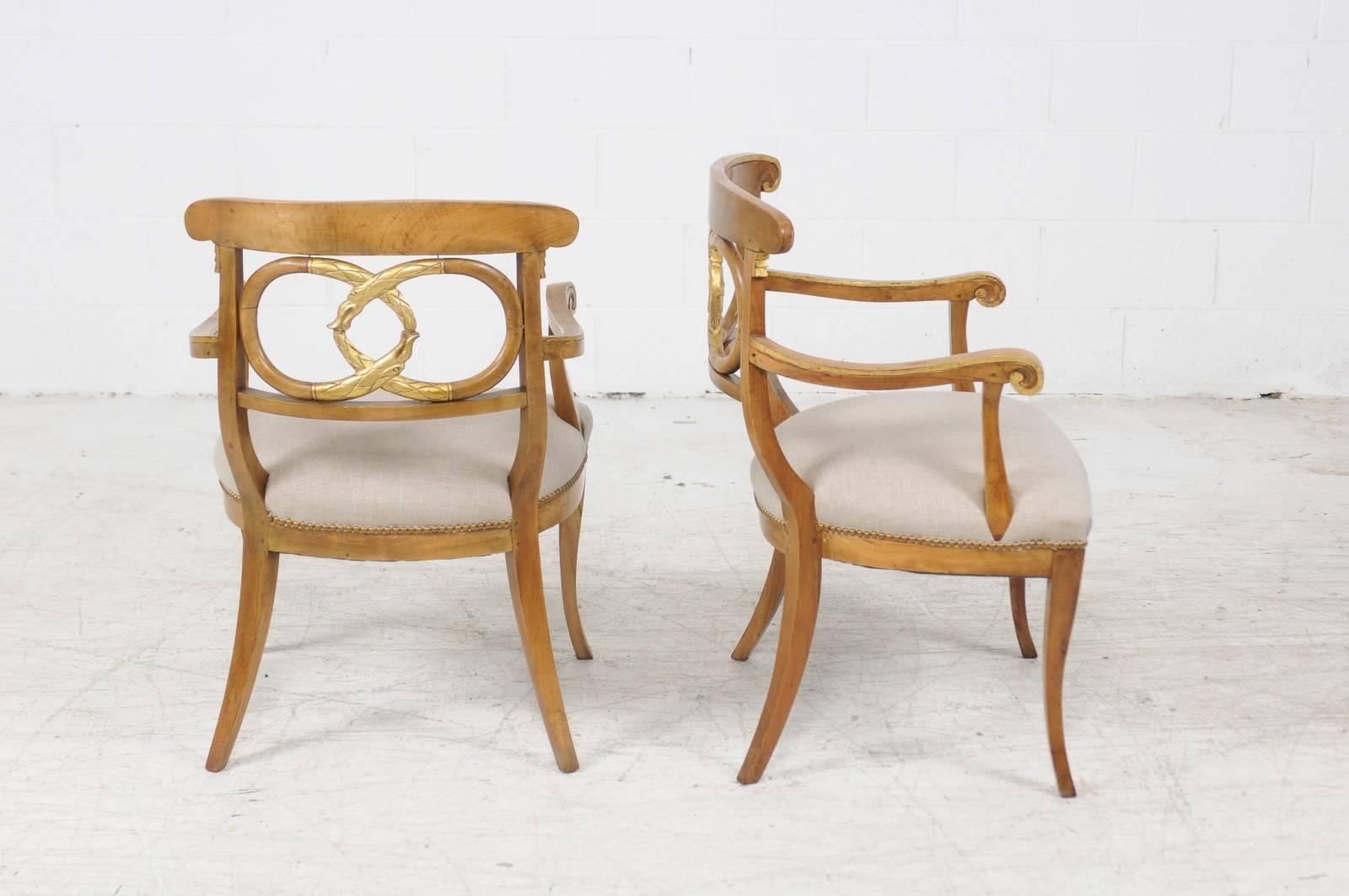 Pair of Italian 1860s Parcel-Gilt Walnut Upholstered Chairs with Serpent Motifs 5