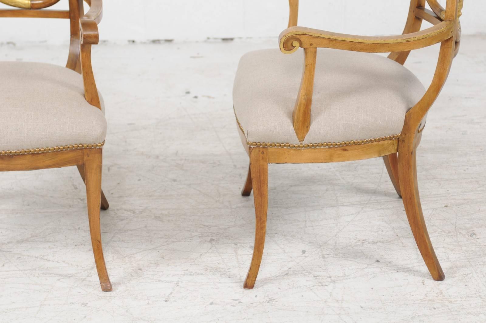 Upholstery Pair of Italian 1860s Parcel-Gilt Walnut Upholstered Chairs with Serpent Motifs