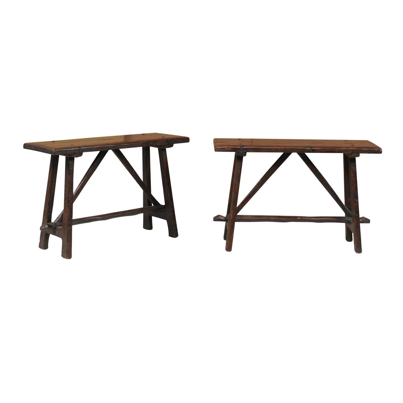 Pair of Italian 1820s Walnut Console Tables with Trestle Base and Splayed Legs