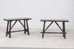 Pair of Italian 1820s Walnut Console Tables with Trestle Base and Splayed Legs