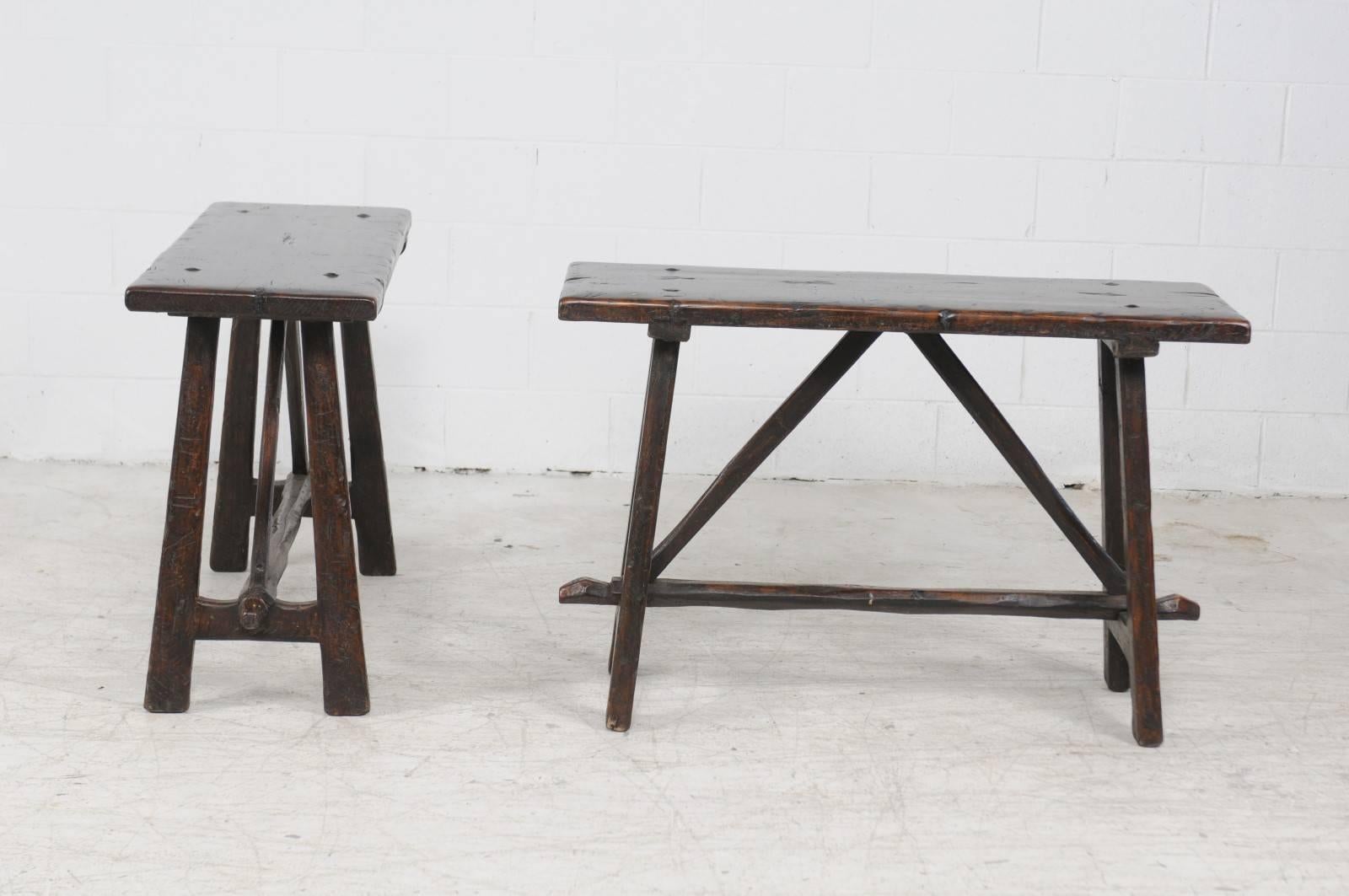 Wood Pair of Italian 1820s Walnut Console Tables with Trestle Base and Splayed Legs