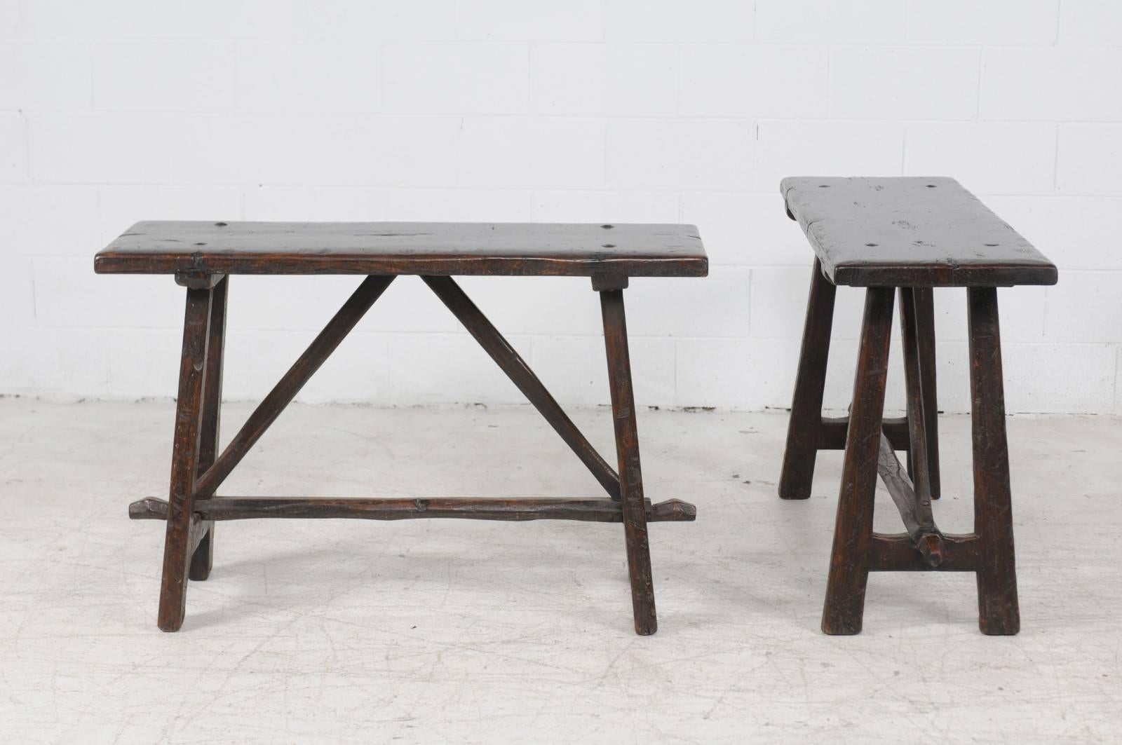 Pair of Italian 1820s Walnut Console Tables with Trestle Base and Splayed Legs 1