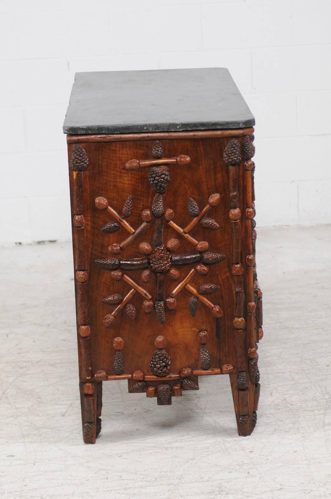 French 1880s Walnut and Pine Cone Three-Drawer Commode with Dark Grey Marble Top 3