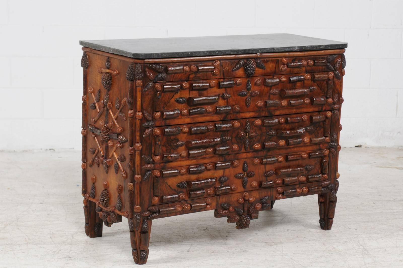 Rustic French 1880s Walnut and Pine Cone Three-Drawer Commode with Dark Grey Marble Top