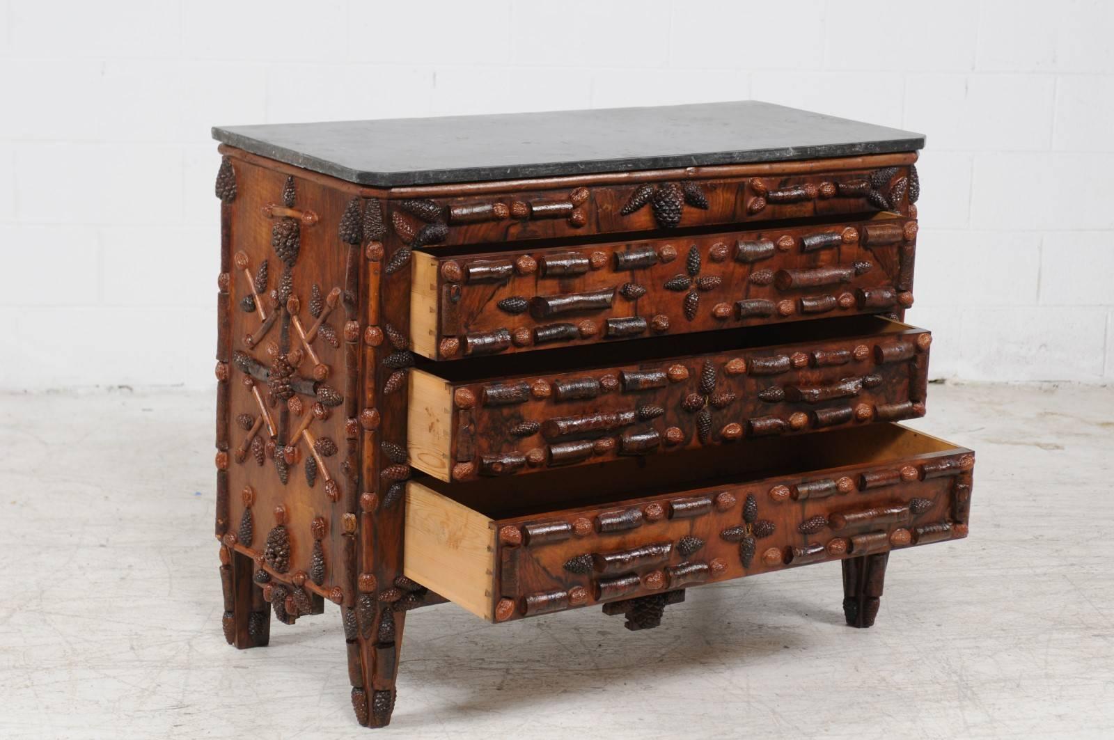 19th Century French 1880s Walnut and Pine Cone Three-Drawer Commode with Dark Grey Marble Top