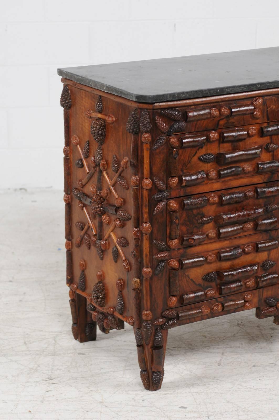French 1880s Walnut and Pine Cone Three-Drawer Commode with Dark Grey Marble Top In Good Condition In Atlanta, GA