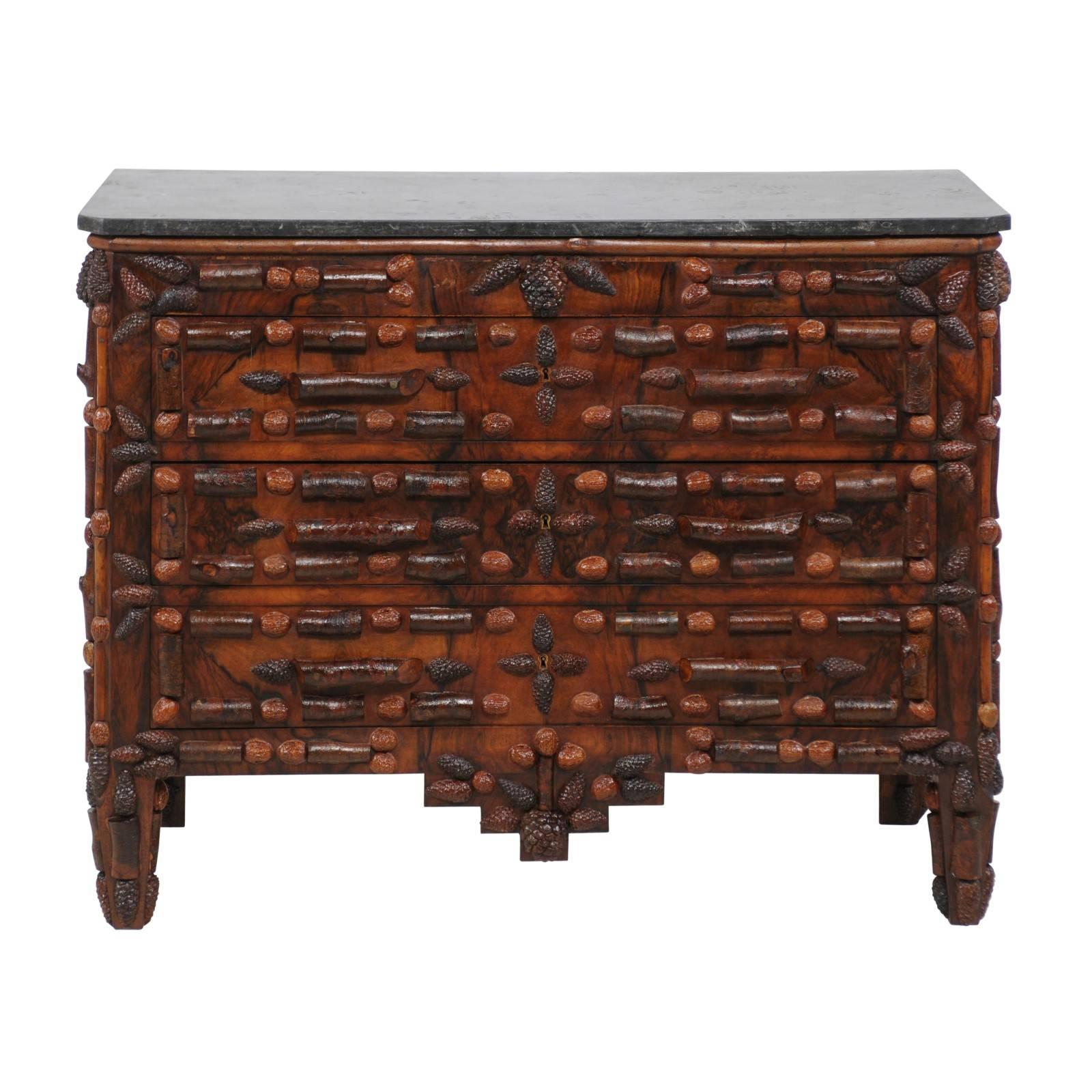 French 1880s Walnut and Pine Cone Three-Drawer Commode with Dark Grey Marble Top
