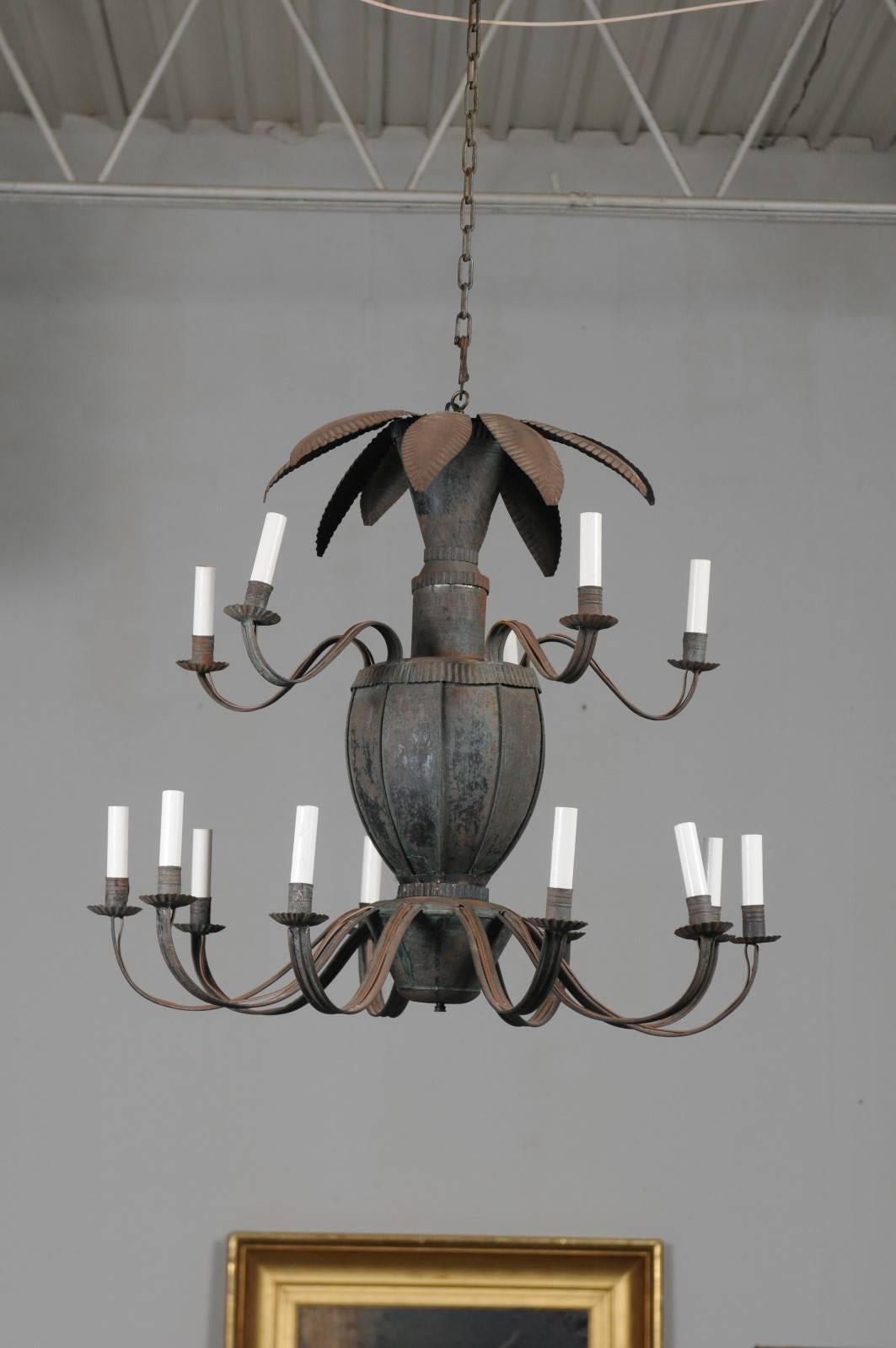 19th Century Unusual French 14-Light Painted Tole Chandelier with Scrolled Arms and Leaves