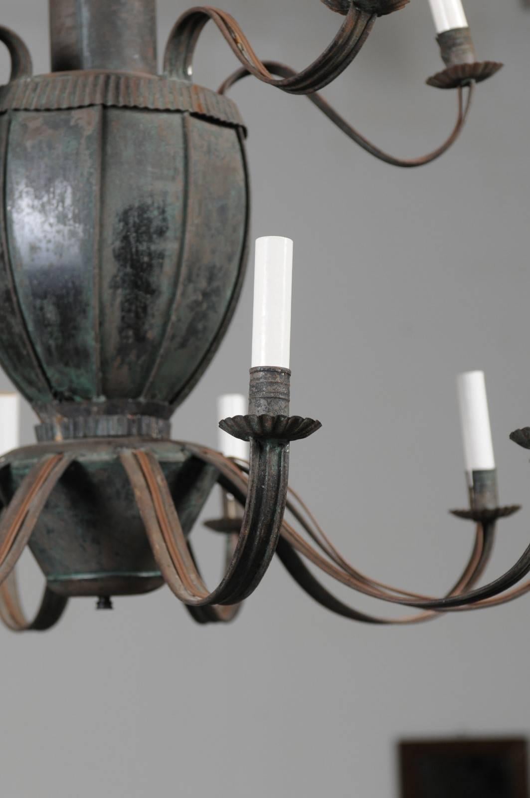 Unusual French 14-Light Painted Tole Chandelier with Scrolled Arms and Leaves 2
