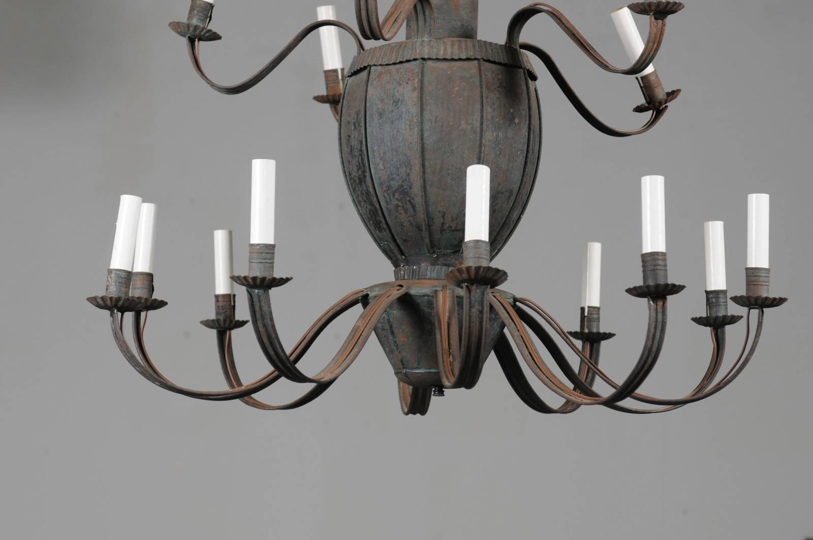 Tôle Unusual French 14-Light Painted Tole Chandelier with Scrolled Arms and Leaves