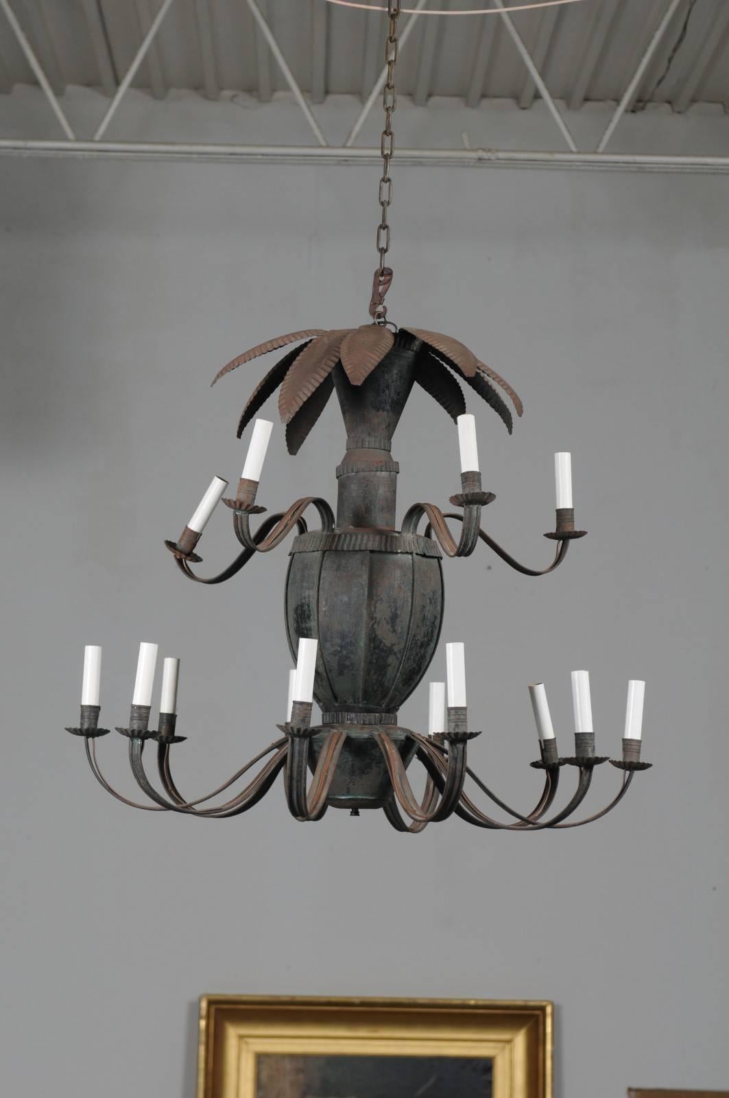 Unusual French 14-Light Painted Tole Chandelier with Scrolled Arms and Leaves In Good Condition In Atlanta, GA