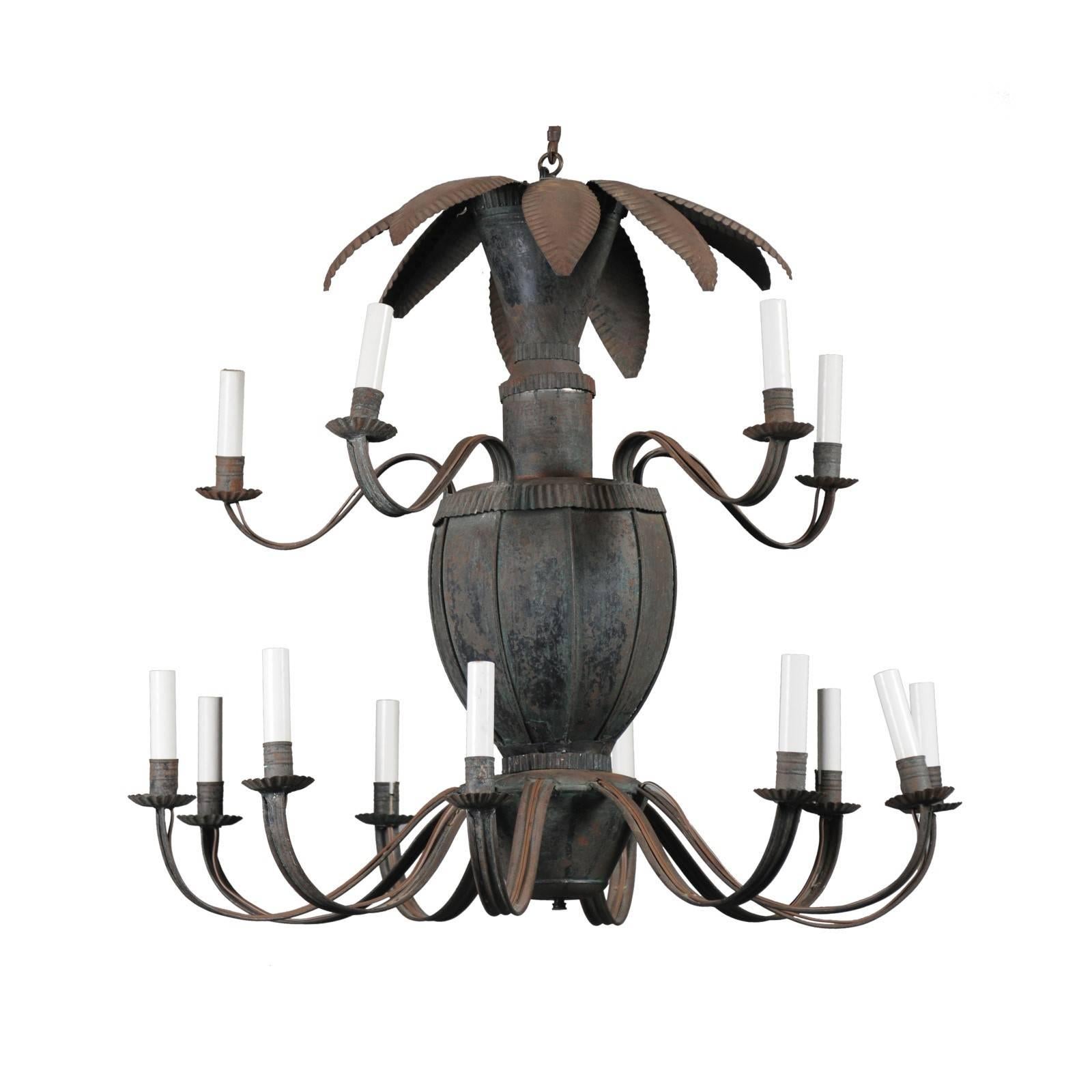 Unusual French 14-Light Painted Tole Chandelier with Scrolled Arms and Leaves