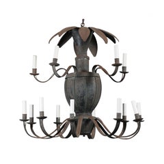 Antique Unusual French 14-Light Painted Tole Chandelier with Scrolled Arms and Leaves