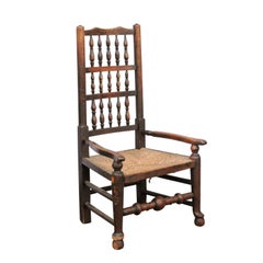 English 1780s Oak William and Mary Style Open Arm Youth Chair with Rush Seat