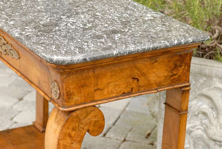 Bronze 1840s French Louis-Philippe Period Burl Console with One Drawer and Marble Top