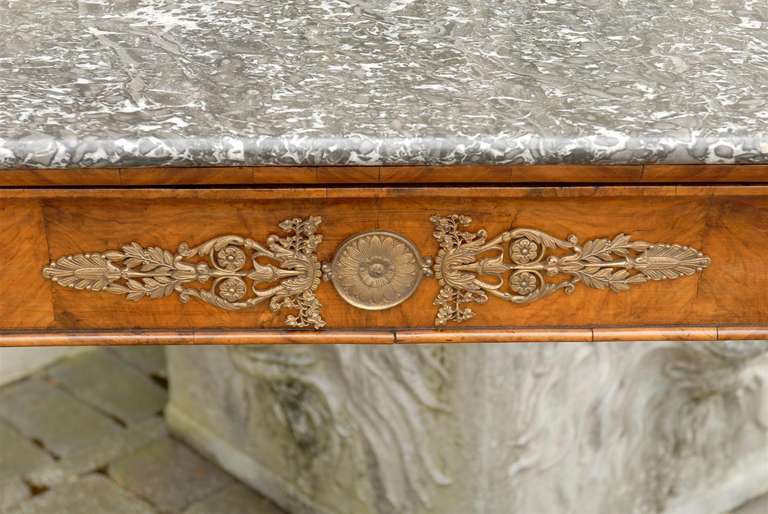 1840s French Louis-Philippe Period Burl Console with One Drawer and Marble Top 1