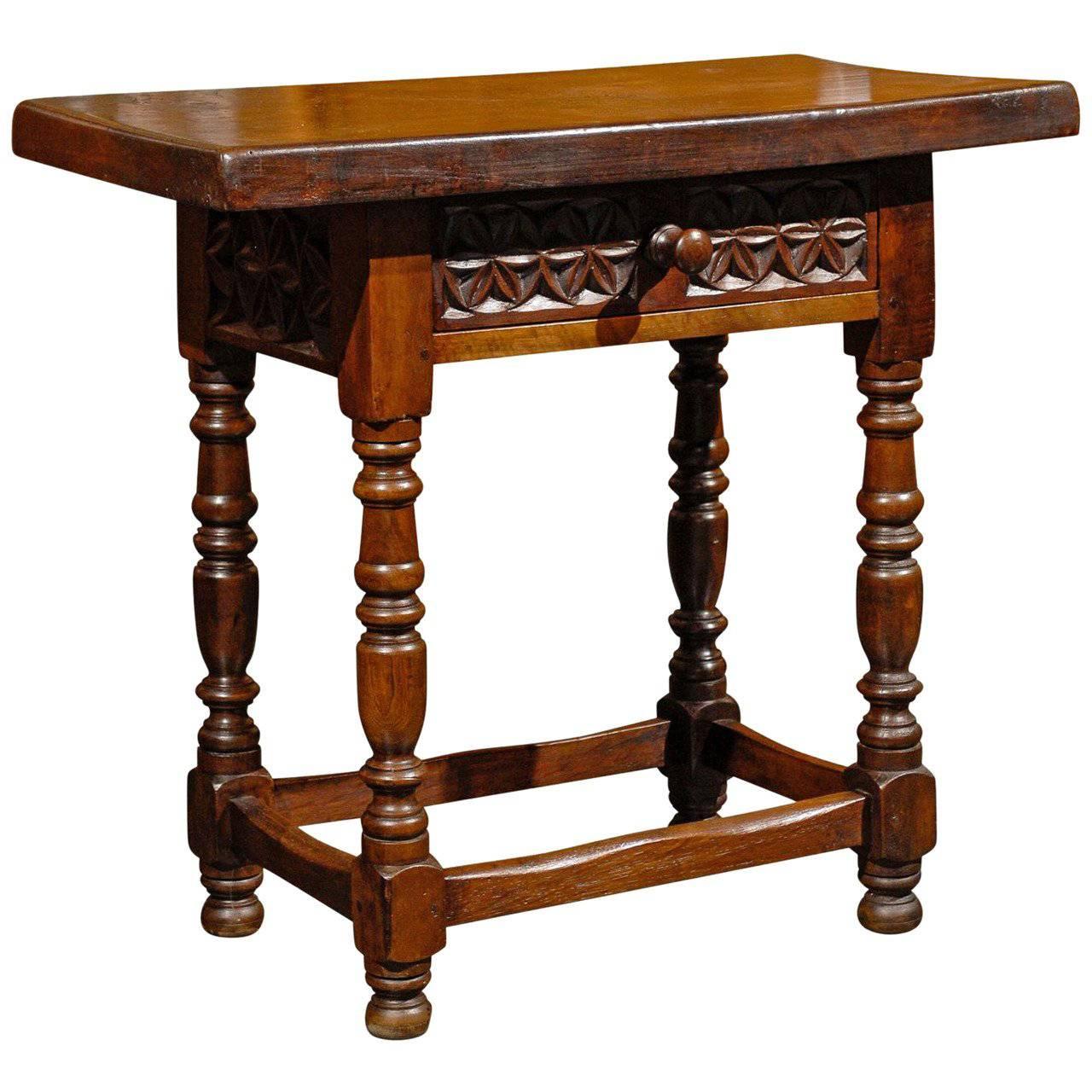 Spanish Petite Side Table with Carved Drawer and Turned Legs, circa 1880