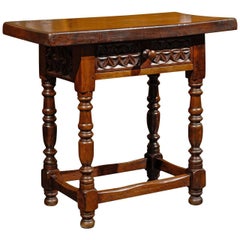 Spanish Petite Side Table with Carved Drawer and Turned Legs, circa 1880 Antique Spanish Petite Side Table with Carved Drawer and Turned Legs, circa 1880