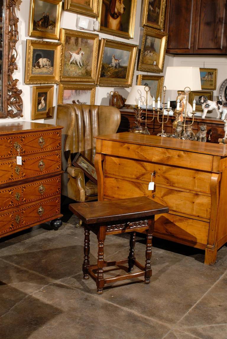 Spanish Petite Side Table with Carved Drawer and Turned Legs, circa 1880 In Good Condition In Atlanta, GA