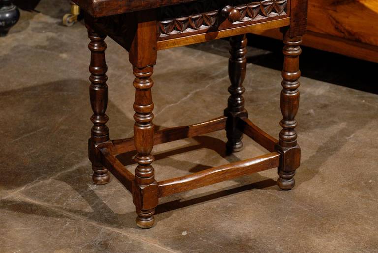 19th Century Spanish Petite Side Table with Carved Drawer and Turned Legs, circa 1880