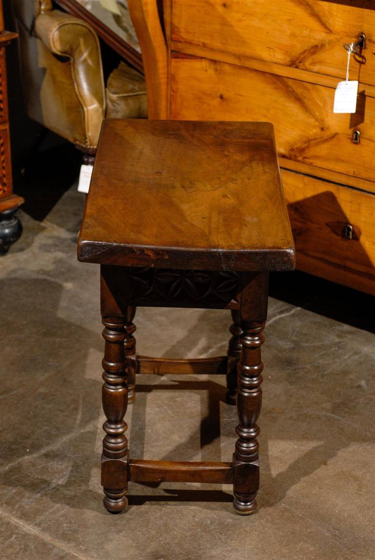 Wood Spanish Petite Side Table with Carved Drawer and Turned Legs, circa 1880