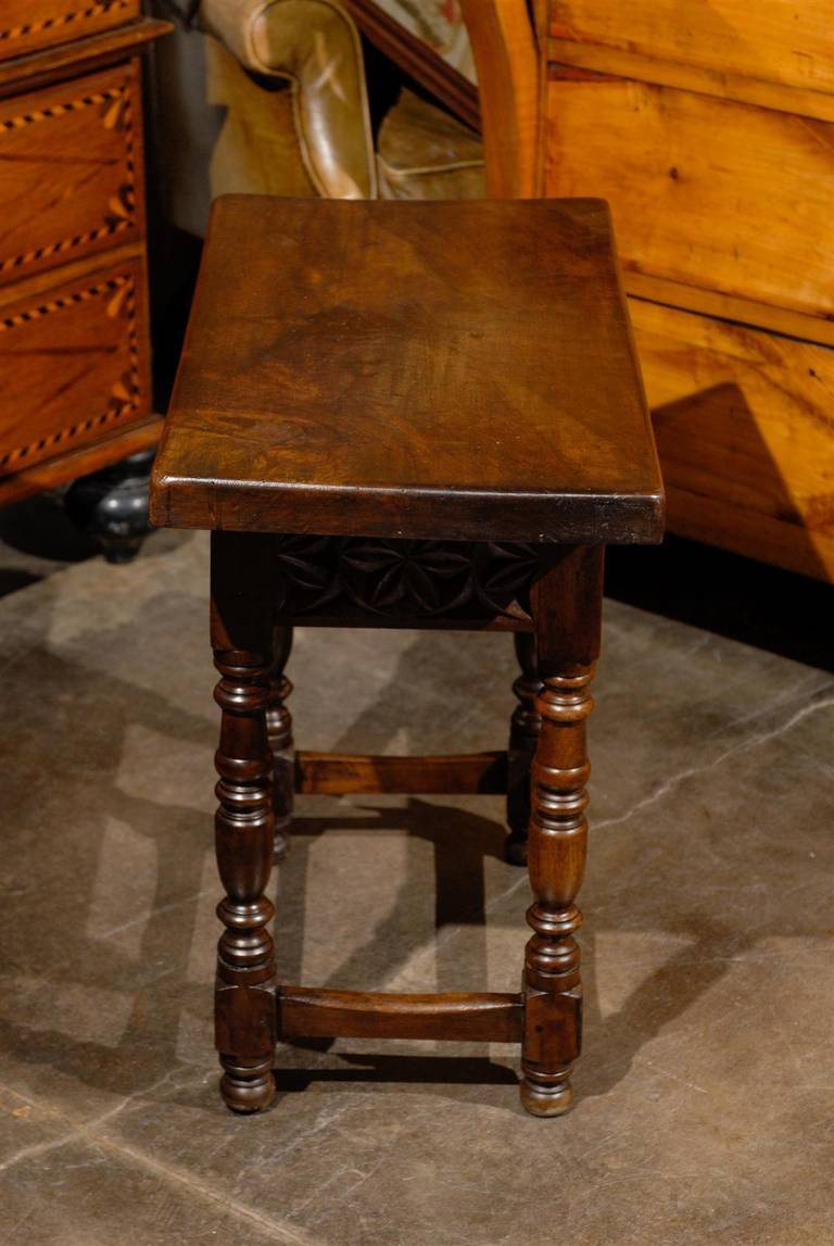 Spanish Petite Side Table with Carved Drawer and Turned Legs, circa 1880 1