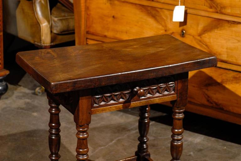 Spanish Petite Side Table with Carved Drawer and Turned Legs, circa 1880 2