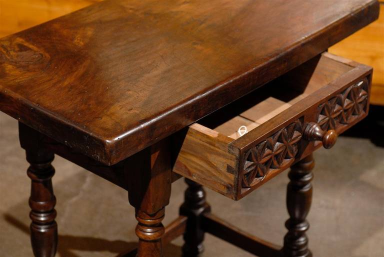 Spanish Petite Side Table with Carved Drawer and Turned Legs, circa 1880 3