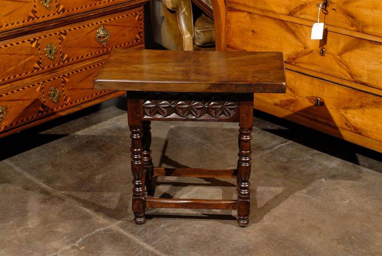Spanish Petite Side Table with Carved Drawer and Turned Legs, circa 1880 4