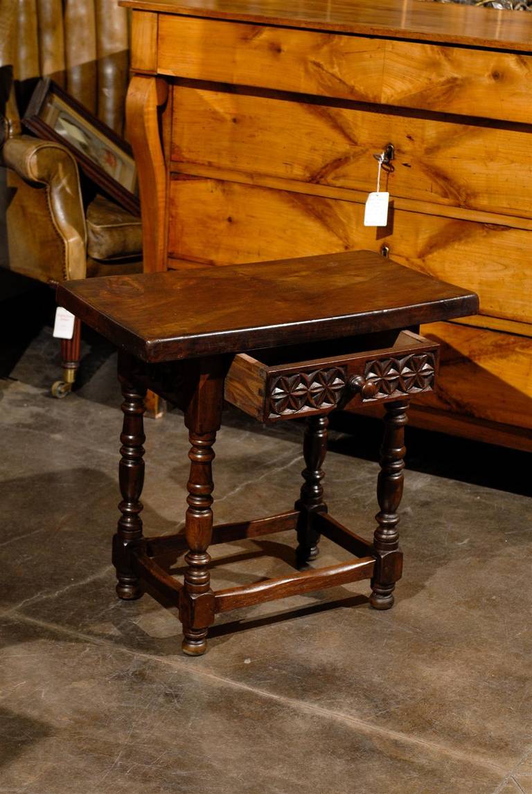 Spanish Petite Side Table with Carved Drawer and Turned Legs, circa 1880 5