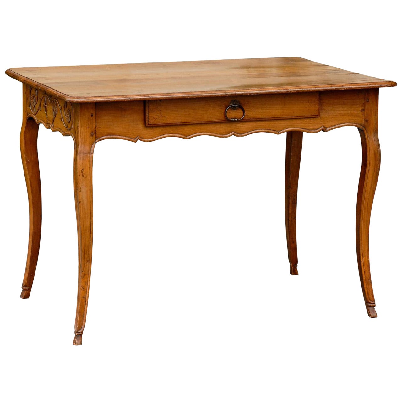 French Louis XV Style Fruitwood Desk with Rinceaux Decorated Sides and Drawer