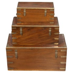 Set of Three English 19th Century Nesting Camphor Wood Trunks with Brass Details