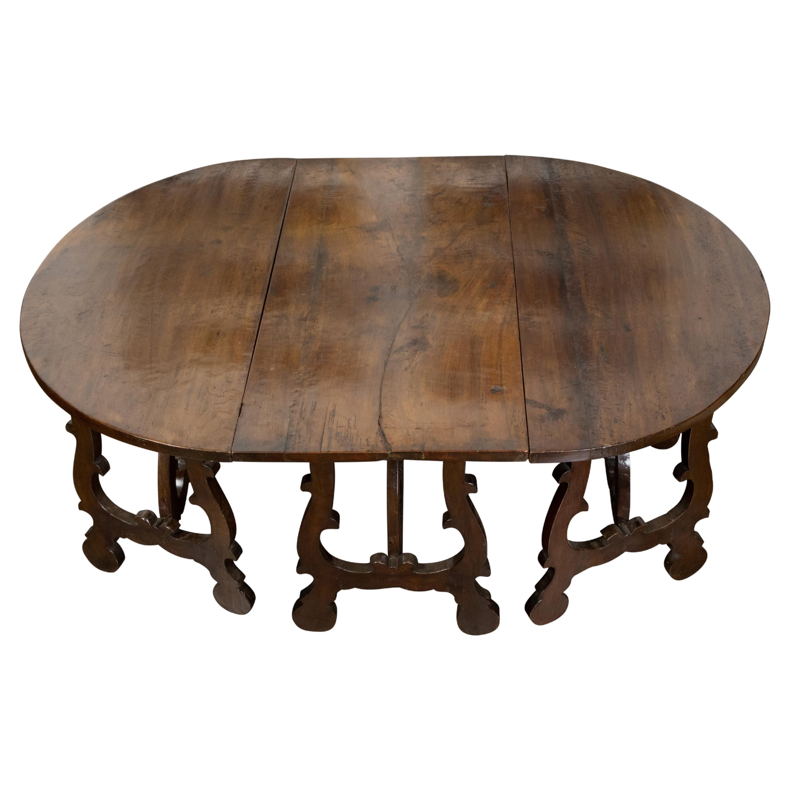 Three-Piece Italian Baroque Style Oval Top Table with Carved Lyre Shaped Legs For Sale