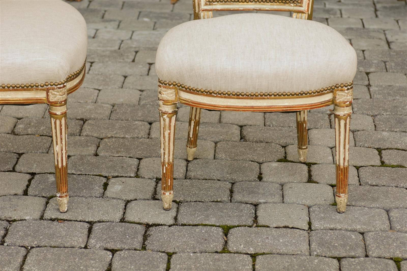 Pair of French Louis XVI Style Painted and Gilded Upholstered Side Chairs, 1860s 1