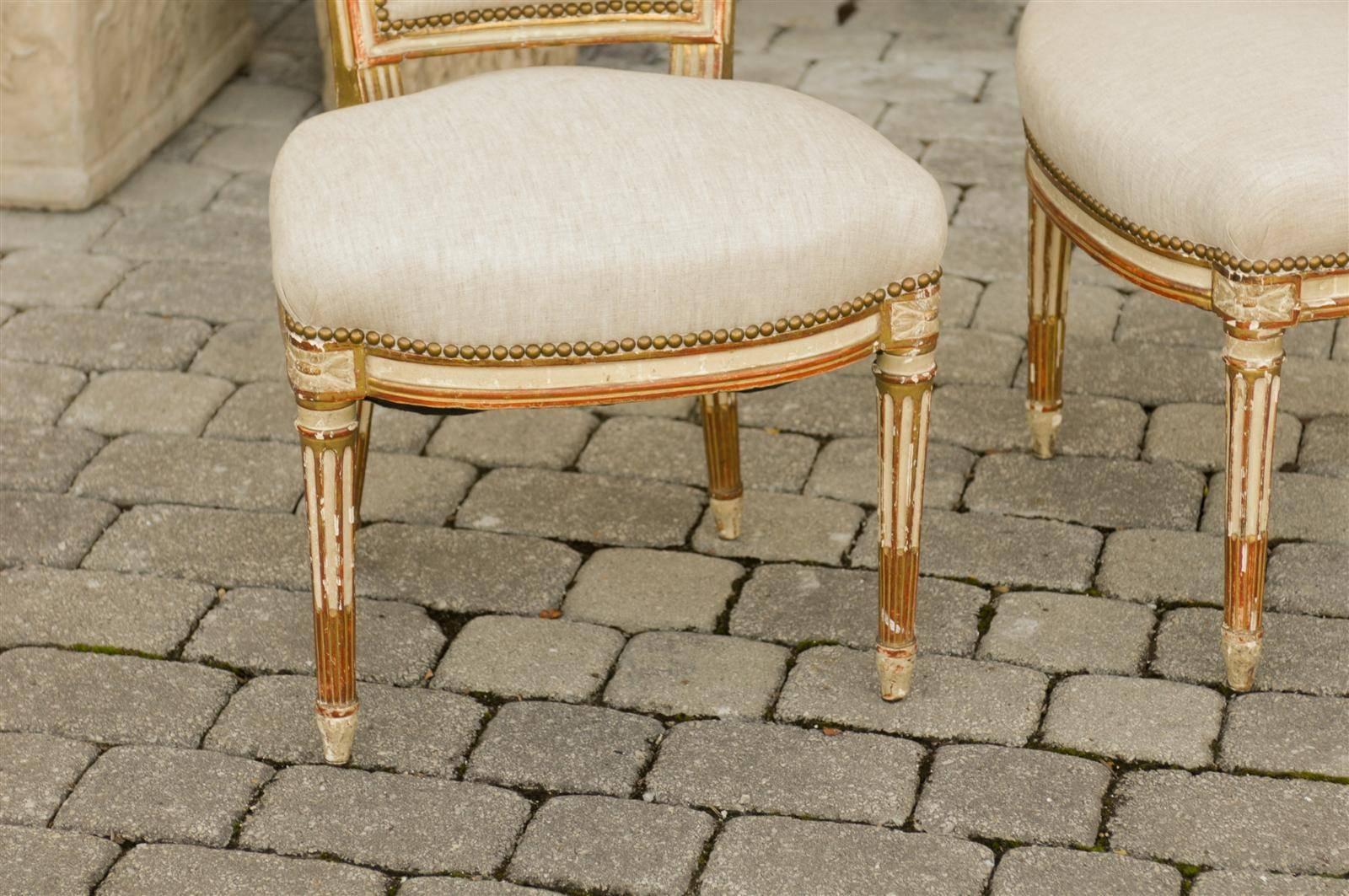 Pair of French Louis XVI Style Painted and Gilded Upholstered Side Chairs, 1860s In Good Condition In Atlanta, GA