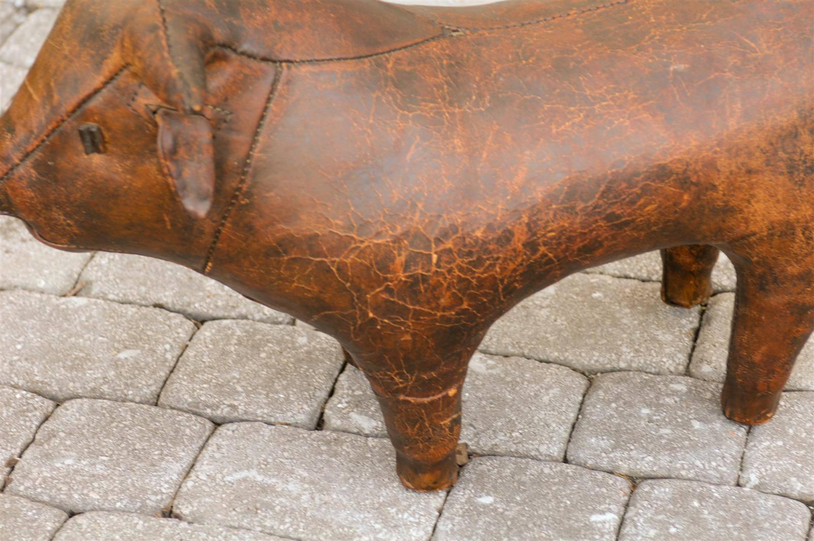 English Mid-20th Century Leather Bull Foot Stool 4