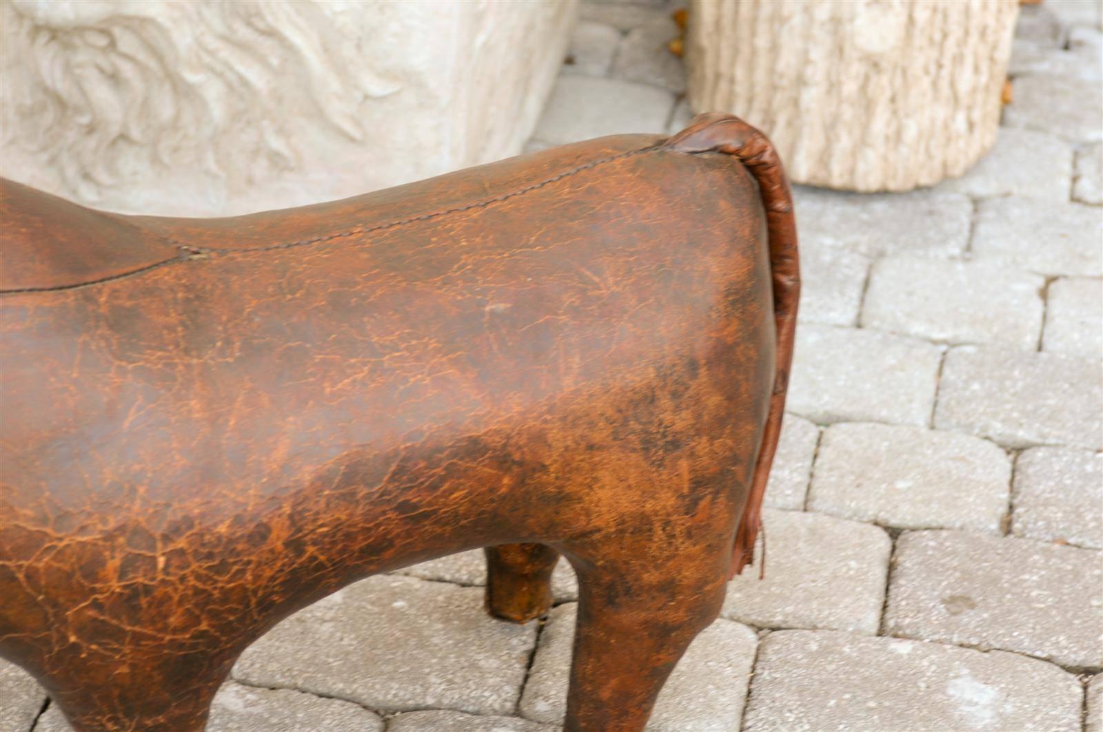 English Mid-20th Century Leather Bull Foot Stool 2