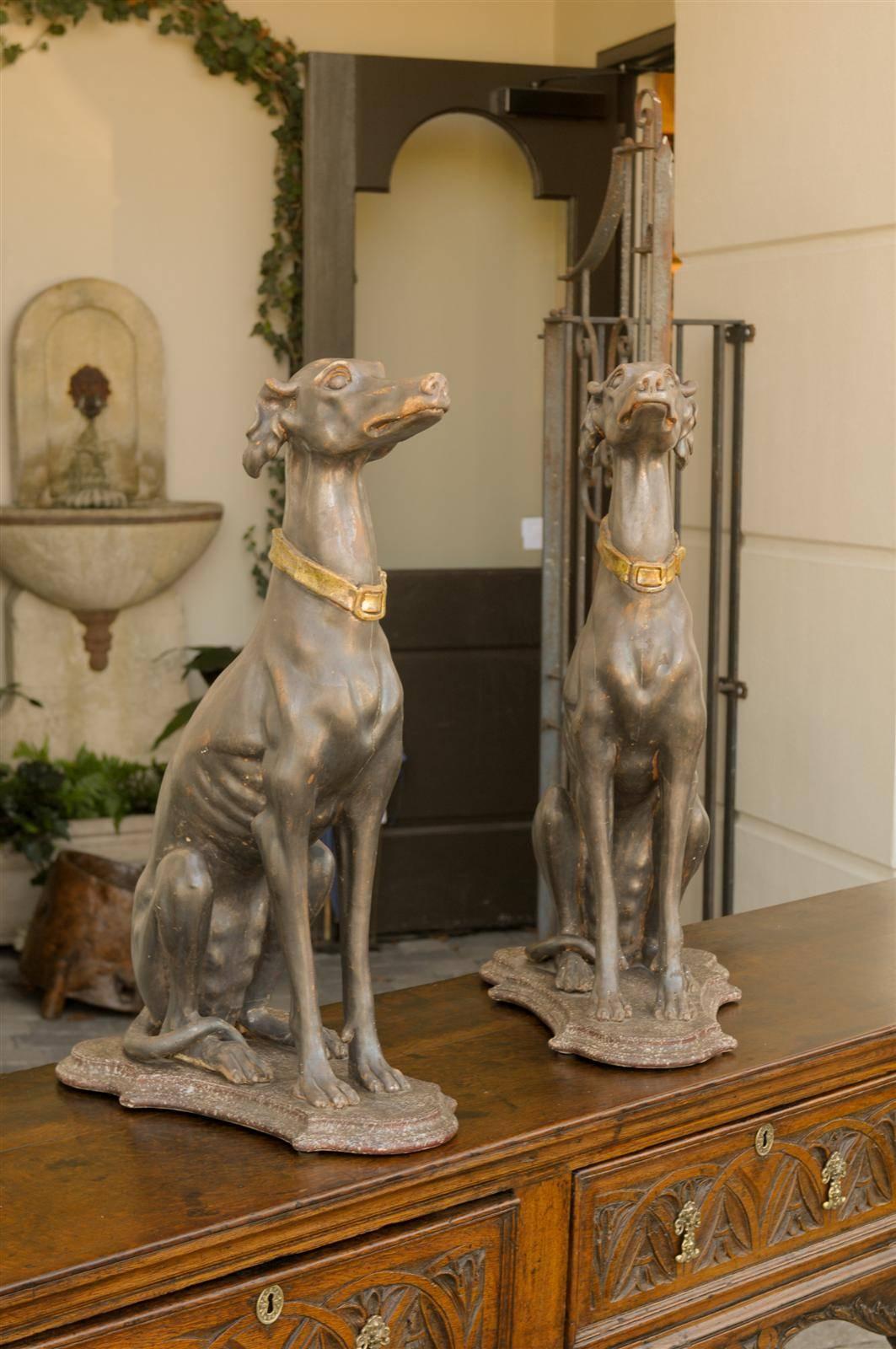 Pair of Italian Carved Wood Seated Greyhound Sculptures from the 19th Century 2