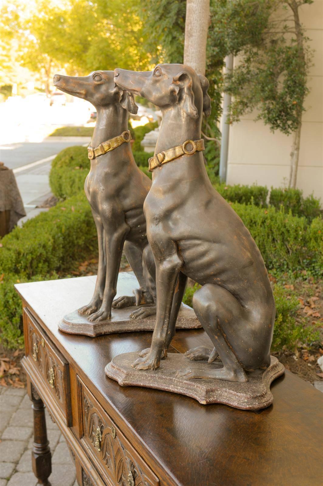 Pair of Italian Carved Wood Seated Greyhound Sculptures from the 19th Century In Good Condition In Atlanta, GA
