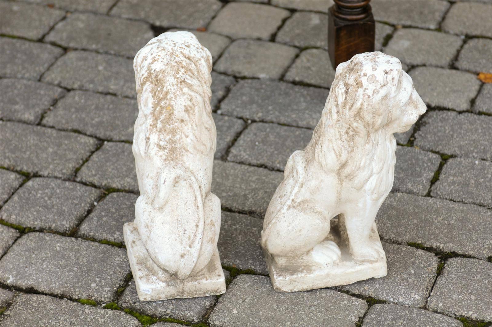 Pair of Petite French Mid Century Modern Lion Sculptures on Bases In Good Condition For Sale In Atlanta, GA