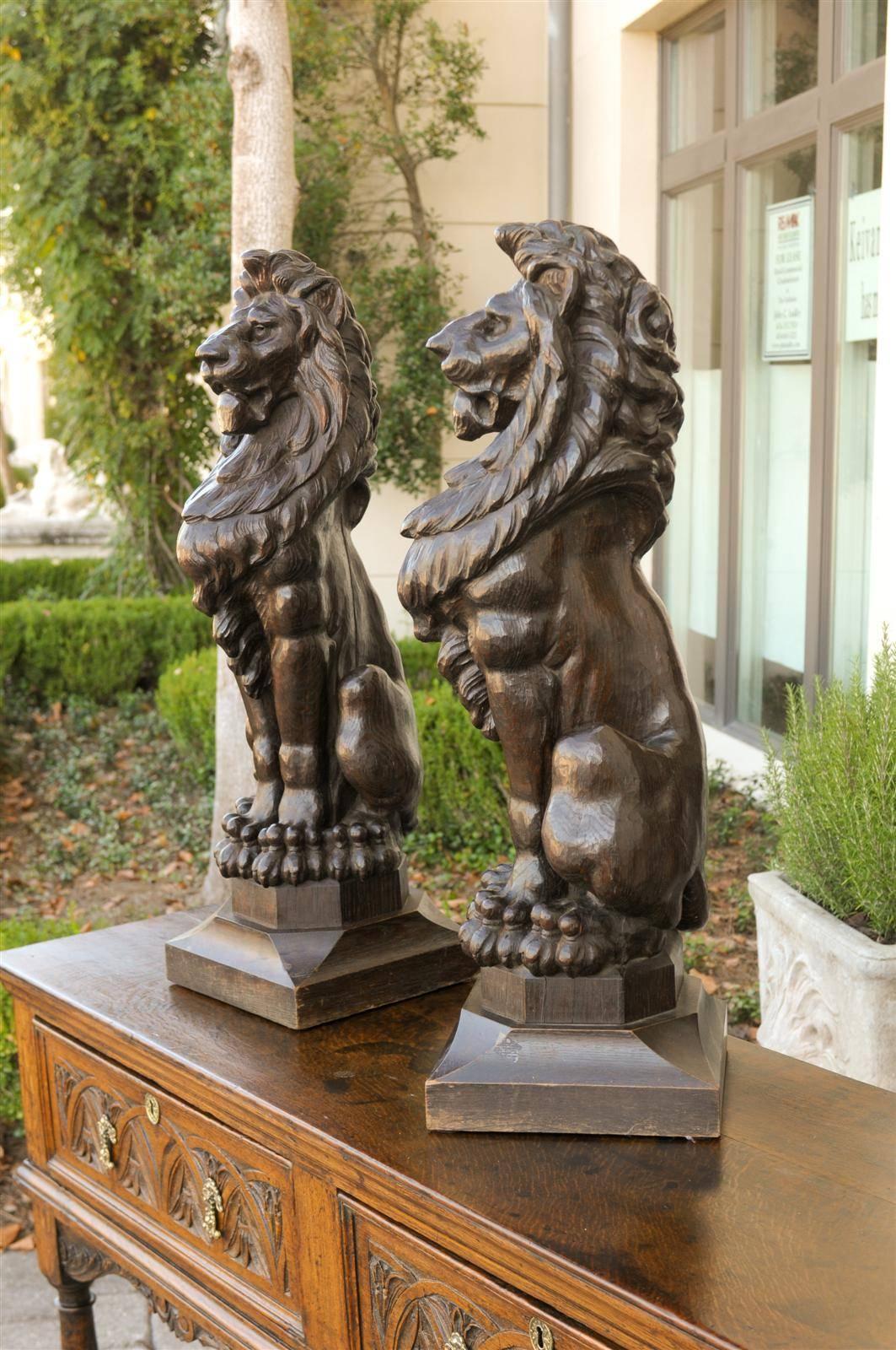 Pair of English Late 19th Century Large Wooden Carved Lions on Bases 6