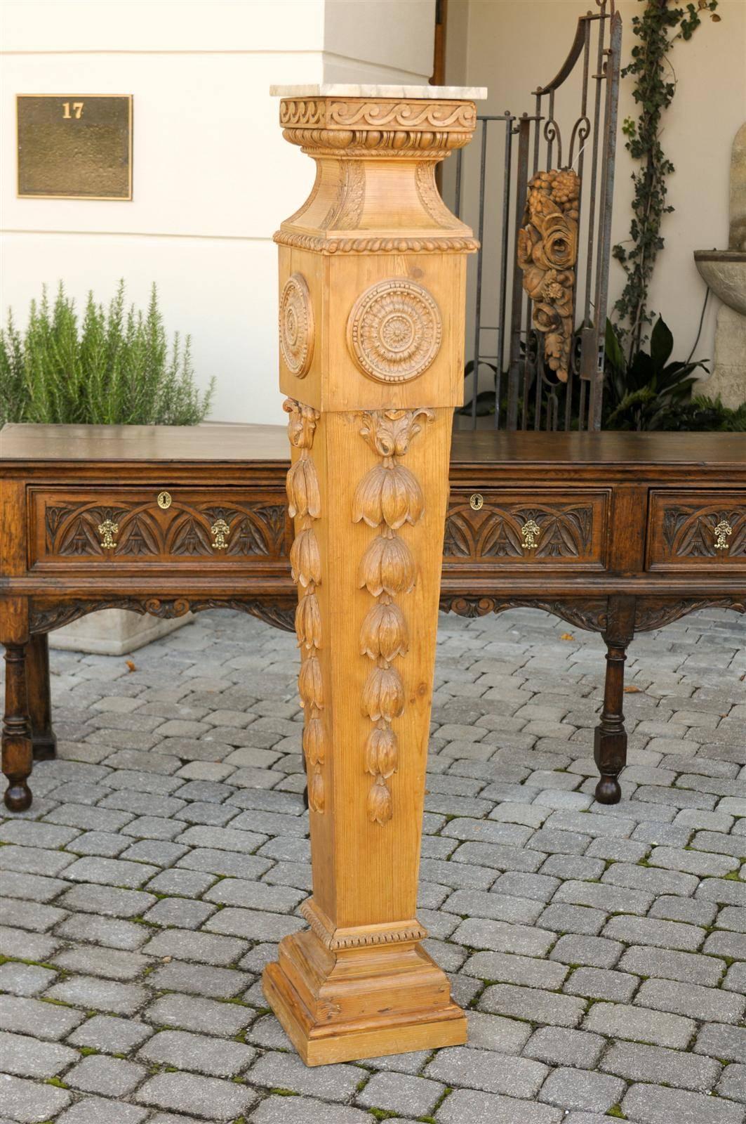 Pair of Tall English Mid-19th Century Carved Pedestals with Marble Top 5