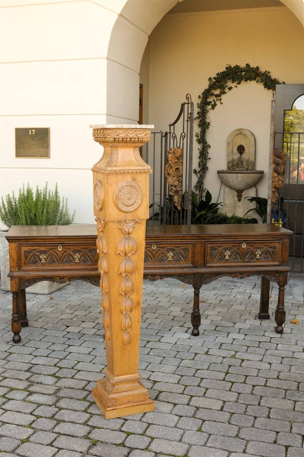 Neoclassical Pair of Tall English Mid-19th Century Carved Pedestals with Marble Top