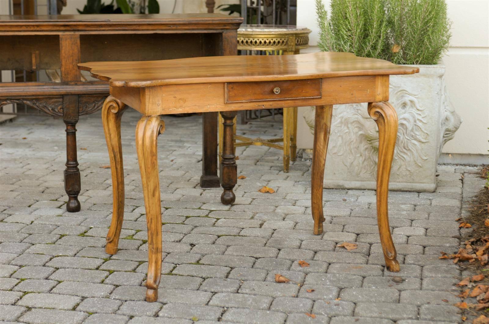 Wood French 1850 Writing table with Curvy Top, Single Drawer and Cabriole Legs For Sale